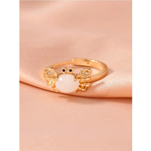 Gold Crab Ring with White Opal Stone – Adjustable Animal Ring Crystal Accents - Picture 2 of 4